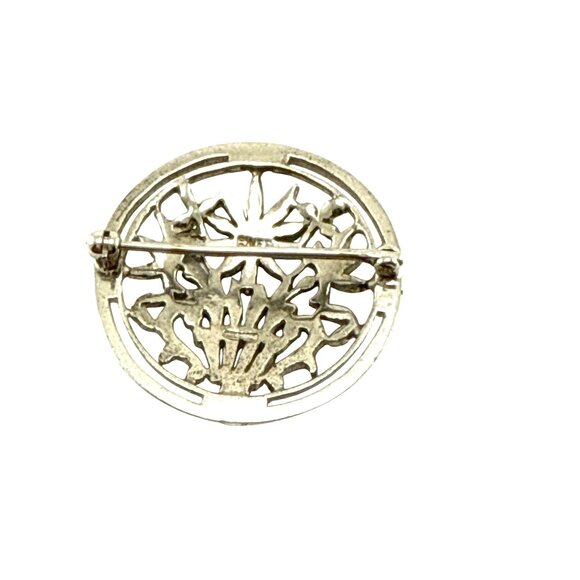 Vintage Sterling Silver Flower Basket Brooch Marcasite Round Pin - Picture 5 of 8